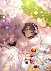Rule 34 | 1girl, absurdres, alternate costume, bird, black hair, blanket, blue eyes, blush, breasts, cake, character doll, cleavage, commentary, cookie, cream puff, cup, dappled sunlight, day, dress, duck, feet out of frame, flower, food, foreshortening, from above, fruit, grass, grin, hair flower, hair ornament, hair ribbon, highres, himemori luna, hololive, jam, lemon, looking at viewer, lying, medium breasts, on back, ooo0917, oozora subaru, outdoors, outstretched arms, petals, picnic, picnic basket, pink ribbon, plate, ribbon, see-through, see-through dress, see-through sleeves, shishiro botan, short hair, smile, solo, strawberry, strawberry shortcake, subaru duck, sunlight, swept bangs, symbol-only commentary, teacup, teapot, virtual youtuber, white dress, wrist ribbon, yuzuki choco