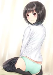 Rule 34 | 1girl, ass, bashosho, black legwear, black skirt, blush, brown eyes, brown hair, closed mouth, clothes pull, commentary request, curtains, green panties, head tilt, highres, indoors, long sleeves, looking at viewer, looking back, no shoes, original, panties, pleated skirt, shirt, short hair, sitting, skirt, skirt pull, solo, underwear, white shirt