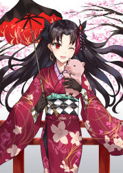 Rule 34 | 1girl, ;d, animal, asle, black gloves, black hair, black ribbon, black umbrella, chinese zodiac, commentary request, earrings, fate/grand order, fate (series), floral print, gloves, hair ornament, hair ribbon, holding, holding umbrella, ishtar (fate), ishtar (formal dress) (fate), japanese clothes, jewelry, kimono, long hair, long sleeves, obi, one eye closed, open mouth, parted bangs, pig, print kimono, red eyes, red kimono, red umbrella, ribbon, sash, smile, solo, two side up, umbrella, very long hair, wide sleeves, year of the pig