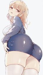 Rule 34 | 1girl, ass, blonde hair, blue jacket, breasts, brown eyes, cleavage, collared shirt, from behind, from below, goddess of victory: nikke, grin, hair ornament, highres, jacket, large breasts, light blush, long hair, looking at viewer, manatsuki manata, off-shoulder jacket, off shoulder, pencil skirt, shirt, simple background, skindentation, skirt, smile, solo, thighhighs, tia (nikke), white background, white shirt, white thighhighs