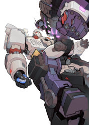 Rule 34 | blue flower, chinese commentary, clenched hand, clenched teeth, decepticon, fighting, flower, highres, holding, holding flower, looking up, lying, mecha, megatron, megatron (idw), on back, red eyes, robot, science fiction, tarn, teeth, the transformers (idw), transformers, vetania, white background