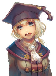 Rule 34 | 1girl, 2023, :d, adventurer (ff11), artist name, ascot, black hat, blonde hair, blue eyes, breasts, brown jacket, cactus41747280, dated, final fantasy, final fantasy xi, hat, jacket, looking at viewer, medium breasts, medium hair, mithra (ff11), mortarboard, open mouth, scholar (final fantasy), simple background, smile, solo, tassel, teeth, upper teeth only, white ascot, white background