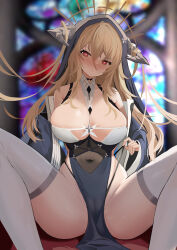 Rule 34 | 1girl, absurdres, azur lane, bare shoulders, black panties, blonde hair, blush, breast cutout, breasts, cleavage, covered navel, fake horns, feet out of frame, framed breasts, habit, hair between eyes, heart, heart-shaped pupils, highres, horns, implacable (azur lane), indoors, large breasts, long hair, long sleeves, looking at viewer, m legs, niballl, nun, panties, panty straps, pelvic curtain, red eyes, revealing clothes, see-through, solo, spread legs, stained glass, strap pull, symbol-shaped pupils, thighhighs, two-tone dress, underwear, very long hair, white horns, white thighhighs, wide sleeves