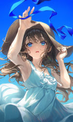 Rule 34 | 1girl, armpits, arms up, bare arms, bare shoulders, black hair, blue eyes, blue ribbon, breasts, dress, hat, highres, long hair, looking up, open mouth, original, r o ha, ribbon, sleeveless, sleeveless dress, small breasts, solo, straw hat, sundress, upper body, white dress