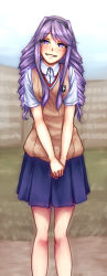 Rule 34 | 1girl, blush, breasts squeezed together, breasts, drill hair, extra, hairband, hokaze junko, long hair, medium breasts, monorus, pleated skirt, purple eyes, purple hair, ringlet curl girl, school uniform, sidelocks, skirt, smile, solo, sweater vest, toaru kagaku no railgun, toaru kagaku no railgun gaiden: astral buddy, toaru majutsu no index, twin drills, twintails, v arms