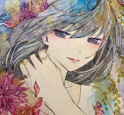 Rule 34 | 1girl, black hair, blush, collarbone, floating hair, flower, hand on own neck, highres, jewelry, light smile, long hair, looking at viewer, mugimiyo, multiple rings, original, painting (medium), portrait, red flower, ring, shirt, solo, traditional media, watercolor (medium), white shirt