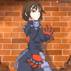 Rule 34 | 1girl, against wall, animated, animated gif, ass, ass grab, ass shake, biker clothes, brick wall, brown eyes, brown hair, chain, cowboy shot, gloves, justice gakuen, kazama akira, looping animation, rubbing, skull print, solo, street fighter, street fighter v, twistedgrim
