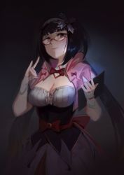 Rule 34 | 1girl, 3four, black hair, breasts, capelet, cleavage, closed mouth, commentary request, dark, drawing tablet, dress, fate/grand order, fate (series), fingerless gloves, flower, fox shadow puppet, glasses, gloves, grey background, hair flower, hair ornament, hairband, holding, large breasts, long hair, looking at viewer, low twintails, osakabehime (fate), red-framed eyewear, red eyes, sash, smile, solo, standing, twintails, upper body, very long hair, white gloves