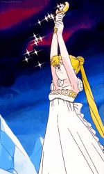 Rule 34 | 1girl, animated, animated gif, bishoujo senshi sailor moon, blonde hair, blue eyes, cloud, dress, ice, non-web source, princess, princess serenity, solo, sparks, white dress