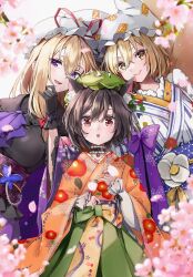 Rule 34 | 3girls, alternate costume, animal ear fluff, animal ear piercing, animal ears, animal hat, bell, black choker, black gloves, blonde hair, blurry, blush, bow, brown hair, cat ears, chen, choker, closed mouth, clothing request, commentary request, depth of field, earrings, falling petals, floral print, floral print kimono, flower, fox ears, fox tail, frilled choker, frills, gloves, green hat, hair bow, hat, highres, japanese clothes, jewelry, kimono, layered sleeves, leaning to the side, long hair, long sleeves, looking at viewer, mob cap, multiple girls, multiple tails, neck bell, obi, open mouth, petals, pink flower, pink petals, print kimono, purple eyes, red bow, red eyes, red ribbon, ribbon, sash, shironeko yuuki, short hair, single earring, smile, tail, touhou, white hat, wide sleeves, yakumo ran, yakumo yukari, yellow eyes