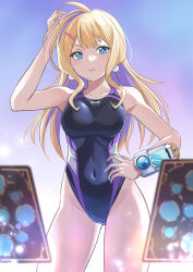 Rule 34 | 1girl, ahoge, black one-piece swimsuit, blonde hair, blue eyes, blue hair, card, commentary request, commission, competition swimsuit, contrapposto, covered navel, cowboy shot, earrings, highleg, highleg swimsuit, highres, jewelry, long bangs, long hair, looking at viewer, multicolored hair, nikulas cage, one-piece swimsuit, pixiv commission, shadowverse flame, solo, streaked hair, swimsuit, takanashi tsubasa (shadowverse flame)