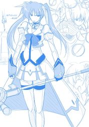 Rule 34 | 00s, 1girl, blue theme, bow, cool your head, fingerless gloves, fue (rhomphair), gloves, lyrical nanoha, magazine (weapon), magical girl, mahou shoujo lyrical nanoha, mahou shoujo lyrical nanoha strikers, monochrome, raising heart, sketch, solo, takamachi nanoha, thighhighs, translated, twintails, waist cape, white devil