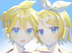 Rule 34 | 1boy, 1girl, backlighting, black collar, blonde hair, blue background, blue eyes, bow, collar, collared shirt, expressionless, hair bow, hair ornament, hairclip, headphones, highres, kagamine len, kagamine rin, looking at viewer, open mouth, portrait, sailor collar, shirt, short hair, short ponytail, side-by-side, signature, spiked hair, swept bangs, torino kawazu, vocaloid, white bow