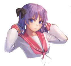 Rule 34 | 1girl, arms up, black bow, blue eyes, blush, bow, breasts, closed mouth, commentary request, hair lift, hiiragi kagami, long hair, looking at viewer, lucky star, pink sailor collar, purple hair, ranma (kamenrideroz), sailor collar, school uniform, serafuku, shirt, simple background, smile, solo, upper body, white background, white shirt