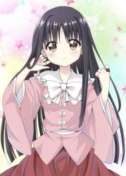 Rule 34 | 1girl, :o, black hair, blush, bow, bowtie, brown hair, cowboy shot, frilled shirt collar, frills, twirling hair, hands up, highres, houraisan kaguya, long hair, long sleeves, looking at viewer, multicolored background, parted bangs, parted lips, pink shirt, red skirt, sash, shirt, skirt, solo, standing, star (symbol), starry background, straight hair, tareme, touhou, upper body, usagi koushaku, very long hair, white bow, white bowtie, wide sleeves