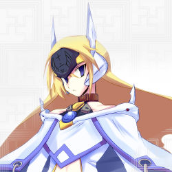 Rule 34 | 1girl, arc system works, bare shoulders, blazblue, blonde hair, blue eyes, cape, center opening, choker, forehead protector, long hair, morokoshi, mu-12, robot ears, solo, spoilers