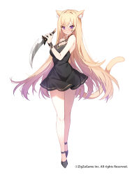 Rule 34 | 1girl, animal ear fluff, animal ears, apple caramel, bare shoulders, black dress, blonde hair, blush, breasts, cat ears, cat tail, character request, cleavage, commentary request, copyright name, crossed legs, dress, embarrassed, full body, gradient hair, high heels, highres, holding, holding knife, knife, long hair, looking at viewer, luna (neomonsters), medium breasts, multicolored hair, neomonsters, nose blush, official art, pink hair, purple eyes, short dress, simple background, sleeveless, sleeveless dress, solo, tail, very long hair, watson cross, wavy hair, white background, wind