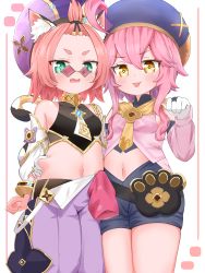 Rule 34 | 2girls, absurdres, ahoge, animal ears, animal hands, artist request, belly grab, blush, cat ears, cat paws, cosplay, costume switch, diona (genshin impact), diona (genshin impact) (cosplay), dori (genshin impact), dori (genshin impact) (cosplay), genshin impact, green eyes, harem pants, hat, highres, looking at viewer, looking over eyewear, machiaato, midriff, multiple girls, navel, pants, pink-tinted eyewear, pink hair, shoes, smile, sunglasses, tinted eyewear, wavy mouth, yellow eyes