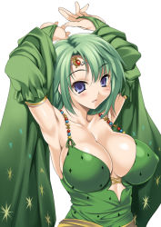 Rule 34 | 1990s (style), 1girl, armpits, arms up, blush, breasts, cle masahiro, cleavage, crown, detached sleeves, final fantasy, final fantasy iv, gold trim, green hair, green hat, green theme, hat, huge breasts, looking at viewer, open mouth, retro artstyle, rydia (ff4), simple background, solo, tiara, white background