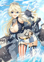 Rule 34 | 1girl, american flag, american flag bikini, american flag legwear, asymmetrical legwear, baasaku (balasaku24), bad id, bad pixiv id, belt, bikini, blonde hair, blue eyes, blue sky, breasts, cannon, cloud, cloudy sky, cowboy shot, fingerless gloves, flag print, front-tie top, gloves, hair between eyes, headgear, iowa (kancolle), kantai collection, large breasts, looking at viewer, miniskirt, mismatched legwear, ocean, open mouth, rigging, skirt, sky, smile, solo, star-shaped pupils, star (symbol), striped clothes, striped skirt, striped thighhighs, swimsuit, symbol-shaped pupils, thighhighs, turret, vertical-striped clothes, vertical-striped skirt, vertical-striped thighhighs, water