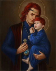 Rule 34 | 1boy, 1girl, absurdres, barefoot, blue dress, blue eyes, blue robe, brown background, carrying, carrying person, commentary, crescent, crescent hair ornament, diadem, dress, elden ring, english commentary, father and daughter, gold diadem, gold trim, hair ornament, halo, highres, holding vial, jewelry, king, light smile, locket, looking at another, looking up, lunar princess ranni, medium hair, parent and child, pendant, potion, princess, radagon of the golden order, red hair, red vest, robe, samevanrijn, short hair, star (symbol), star hair ornament, steepled fingers, vest, vial, yellow eyes