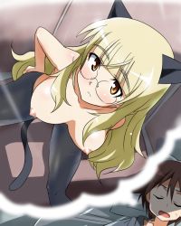 Rule 34 | 2girls, animal ears, bed, blonde hair, breasts, breasts out, cat ears, cat tail, dreaming, glasses, large breasts, miyafuji yoshika, multiple girls, nipples, open mouth, orange eyes, pantyhose, perrine h. clostermann, pillow, sleeping, strike witches, tail, topless, world witches series, yumekaranigeruna