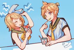 Rule 34 | 1boy, 1girl, ahoge, bare arms, bare shoulders, blonde hair, blue eyes, blush, bow, brain freeze, brother and sister, colored tongue, food, fortissimo, hair bow, hair ornament, hairclip, headache, highres, holding, holding spoon, inubangarou, kagamine len, kagamine len (vocaloid4), kagamine rin, kagamine rin (vocaloid4), necktie, sailor collar, shaved ice, shirt, short ponytail, short sleeves, siblings, sketch, sleeveless, sleeveless shirt, spoon, swept bangs, tongue, tongue out, twins, upper body, v4x, vocaloid, white bow, yellow necktie