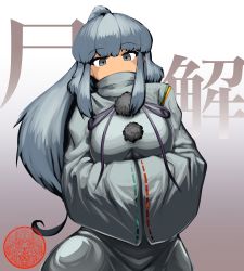 Rule 34 | 1094akagakati, 1girl, absurdres, covered mouth, gradient background, green ribbon, grey eyes, grey hair, highres, japanese clothes, kariginu, long hair, long sleeves, looking at viewer, mononobe no futo, neck ribbon, no headwear, one-hour drawing challenge, own hands together, pom pom (clothes), ponytail, purple ribbon, red ribbon, ribbon, ribbon-trimmed sleeves, ribbon trim, solo, standing, touhou, upper body, white background, wide sleeves