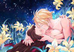 Rule 34 | 1boy, 1girl, absurdres, aerith gainsborough, blonde hair, breasts, brown hair, cleavage, cloud strife, collarbone, couple, earrings, closed eyes, field, final fantasy, final fantasy vii, final fantasy vii remake, flower, flower field, hair down, hair ribbon, hetero, highres, holding hands, jewelry, kiss, lily (flower), long hair, night, ribbon, single earring, spiked hair, square enix, topless female, topless male, yellow flower