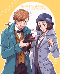 Rule 34 | 1boy, 1girl, 2016, artist name, blush, bow, bowtie, bowtruckle, brown hair, coat, copyright name, dated, fantastic beasts and where to find them, freckles, green eyes, harry potter (series), hat, heart, jewelry, leaf, necklace, newt scamander, niffler, nightcat, open mouth, porpentina goldstein, teeth, wizarding world, yellow background