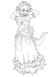 Rule 34 | 1girl, armlet, arms up, bowsette, bracelet, breasts, cleavage, collar, cosmic bear, crown, dress, forked eyebrows, greyscale, horns, impossible clothes, jewelry, large breasts, lineart, long dress, mario (series), monochrome, muscular, new super mario bros. u deluxe, nintendo, ponytail, sharp teeth, spiked bracelet, spiked collar, spikes, super crown, tail, teeth, torn clothes, turtle shell
