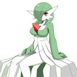 Rule 34 | 1girl, arm at side, bob cut, breasts, cleavage, closed mouth, collarbone, colored skin, creatures (company), female focus, game freak, gardevoir, gen 3 pokemon, green hair, green outline, green skin, groin, hair over one eye, hand on own thigh, happy, knees together feet apart, large breasts, looking at viewer, multicolored skin, nintendo, one eye covered, outline, pokemon, pokemon (creature), red eyes, short hair, simple background, sitting, smile, solo, split mouth, thighs, two-tone skin, white background, white skin, yunicon