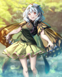 Rule 34 | 1girl, absurdres, antennae, aqua hair, breasts, butterfly wings, dress, eternity larva, fairy, feet out of frame, green dress, hair between eyes, highres, insect wings, leaf, leaf on head, medium breasts, multicolored clothes, multicolored dress, open mouth, red eyes, short hair, short sleeves, smile, solo, touhou, wings, yujin (kanouyuuto-0423)