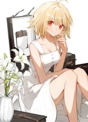Rule 34 | 1girl, alternate costume, antenna hair, arcueid brunestud, bag, bare shoulders, blonde hair, blush, breasts, brown bag, buttons, chocoan, cleavage, closed mouth, collarbone, commentary, dress, flower, hair between eyes, highres, leaf, looking at viewer, medium breasts, red eyes, short hair, simple background, single hair intake, sitting, sleeveless, sleeveless dress, smile, solo, symbol-only commentary, tsukihime, tsukihime (remake), white background, white dress, white flower