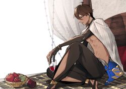 Rule 34 | 1boy, abs, ahoge, apple, bishounen, blue eyeliner, bottle, bowl, brown hair, brown pants, cape, cat, cup, curtains, dabin, dangle earrings, drinking glass, earrings, egyptian clothes, eyelashes, eyeliner, fate/grand order, fate (series), food, fruit, gold bracelet, grapes, hair between eyes, highres, holding, holding cup, jewelry, male focus, ozymandias (fate), pants, parted lips, pear, pectorals, sitting, usekh collar, white cape, wine bottle, wine glass, yellow eyes