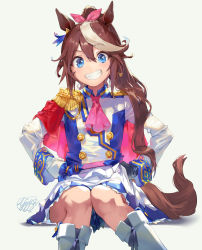 Rule 34 | 1girl, absurdres, animal ears, ascot, asymmetrical gloves, black gloves, blue eyes, blue jacket, boots, brown hair, buttons, cape, double-breasted, ear piercing, epaulettes, gloves, grin, hair flaps, high ponytail, highres, horse ears, horse girl, horse tail, jacket, knee boots, long hair, long sleeves, miniskirt, mismatched gloves, multicolored clothes, multicolored hair, multicolored jacket, piercing, pink ascot, pleated skirt, red cape, simple background, single epaulette, sitting, skirt, smile, solo, streaked hair, tail, tokai teio (umamusume), two-tone hair, two-tone jacket, two-tone skirt, umamusume, white background, white footwear, white gloves, white hair, white jacket, white skirt, yanyo (ogino atsuki)