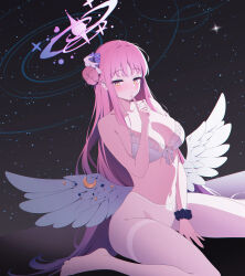 Rule 34 | 1girl, absurdres, angel wings, blue archive, blush, breasts, collarbone, feathered wings, flower, hair bun, hair flower, hair ornament, halo, highres, iamahri1994, large breasts, long hair, mika (blue archive), pantyhose, pink hair, pink halo, purple flower, single side bun, solo, white pantyhose, white wings, wings, yellow eyes