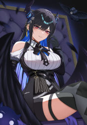 Rule 34 | 1girl, absurdres, arm belt, asymmetrical horns, belt, bird, bird wings, black belt, black dress, black gloves, black hair, black necktie, black thighhighs, blue hair, breasts, collared shirt, colored inner hair, crossed legs, crow, danz, demon horns, dress, feathered wings, fur-trimmed sleeves, fur trim, gloves, highres, hololive, hololive english, horns, large breasts, long hair, looking at viewer, mole, mole under eye, multicolored hair, necktie, nerissa ravencroft, nerissa ravencroft (1st costume), red eyes, shadow (nerissa ravencroft), shirt, sidelocks, smile, thighhighs, virtual youtuber, white shirt, wings