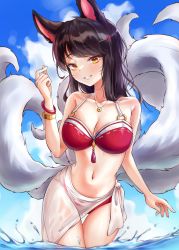 Rule 34 | 1girl, ahri (league of legends), akgrn, animal ears, bikini, blue sky, blush, breasts, brown hair, cleavage, collarbone, facial mark, fox ears, fox tail, highres, large breasts, league of legends, long hair, looking at viewer, multiple tails, navel, ocean, outdoors, partially submerged, see-through, sky, solo, swimsuit, tail, whisker markings, yellow eyes