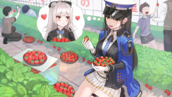 Rule 34 | 2girls, 4boys, black hair, blurry, blurry background, blush, bow, bowtie, day, diesel (nikke), food, fruit, furrowed brow, gloves, goddess of victory: nikke, grey hair, twirling hair, hat, heart, highres, holding, holding food, holding fruit, imagining, jacket, kfr, kneeling, long hair, long sleeves, miniskirt, multiple boys, multiple girls, necktie, open mouth, outdoors, pants, playing with own hair, pleated skirt, red eyes, shirt, short sleeves, shorts, skirt, soline (nikke), solo focus, standing, strawberry, t-shirt, thigh strap, thought bubble, thumbs up, very long hair, wavy mouth, yellow eyes
