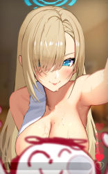 Rule 34 | 1girl, absurdres, armpits, doodle sensei (blue archive), asuna (blue archive), blonde hair, blue archive, blue eyes, blush, breasts, censored, character censor, closed mouth, fake screenshot, hair over one eye, halo, heart, highres, large breasts, long hair, looking at viewer, migu (iws2525), mole, mole on breast, novelty censor, nude, outstretched arm, selfie, sensei (blue archive), smile, solo, towel on one shoulder, upper body, wet