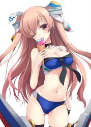 Rule 34 | 1girl, ;p, bandeau, bikini, black choker, black neckerchief, black thighhighs, blue bikini, breasts, brown eyes, choker, cleavage, collarbone, commentary, cowboy shot, food, gluteal fold, groin, hair ribbon, head tilt, holding, holding food, ice cream, johnston (kancolle), kantai collection, light brown hair, long hair, machinery, medium breasts, mofu namako, navel, neckerchief, one eye closed, ribbon, sailor collar, standing, star (symbol), star choker, stomach, swimsuit, thighhighs, thighs, tongue, tongue out, two side up, very long hair, white ribbon