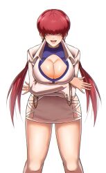Rule 34 | 1girl, breast hold, breasts, cleavage, cleavage cutout, clothing cutout, crossed arms, faceless, faceless female, highres, large breasts, leaning forward, legs, leotard, low twintails, open mouth, pink lips, red hair, shermie (kof), skirt, smile, snk, solo, the king of fighters, thighs, twintails