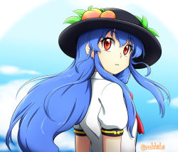 Rule 34 | 1girl, black headwear, blue hair, blue sky, bow, bowtie, breasts, closed mouth, cloud, cloudy sky, collared shirt, hat, highres, hinanawi tenshi, long hair, looking back, outdoors, peach hat ornament, puffy short sleeves, puffy sleeves, rakkidei, red bow, red bowtie, red eyes, shirt, short sleeves, sidelocks, sky, small breasts, sun hat, touhou, upper body, white shirt