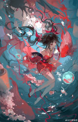 Rule 34 | 1girl, absurdres, barefoot, black choker, brown hair, bubble, cherry blossoms, choker, detached sleeves, fish, goldfish, highres, honkai: star rail, honkai (series), japanese clothes, kimono, long hair, long sleeves, looking at viewer, red eyes, red footwear, red kimono, ripples, shoes, solo, sparkle (honkai: star rail), twintails, very long hair, water, wide sleeves, zhi xu li ming