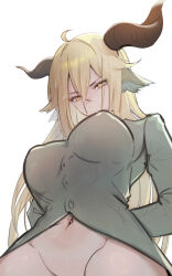 Rule 34 | 1girl, ahoge, animal ears, arknights, arms behind back, blonde hair, bottomless, breasts, degenbrecher (arknights), elsi, from below, goat ears, goat girl, goat horns, grey shirt, highres, horns, large breasts, long hair, looking at viewer, looking down, navel, shirt, simple background, solo, v-shaped eyebrows, very long hair, white background, yellow eyes