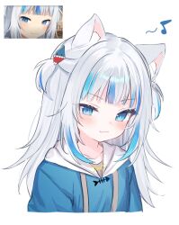 Rule 34 | 1girl, :3, animal ear fluff, animal ears, blue eyes, blue hoodie, blush, cat ears, closed mouth, commentary, derivative work, english commentary, fang, gawr gura, gawr gura (1st costume), highres, hololive, hololive english, hood, hoodie, long hair, looking at viewer, low twintails, multicolored hair, musical note, raised eyebrow, screenshot inset, screenshot redraw, shouu-kun, sidelocks, simple background, skin fang, smile, solo, streaked hair, twintails, two side up, upper body, virtual youtuber, white background, white hair