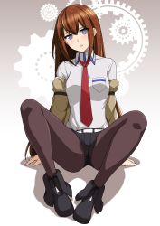 Rule 34 | 1girl, absurdres, ass, belt, black pantyhose, blue eyes, blush, boots, breasts, brown hair, dress shirt, haruhisky, highres, jacket, pantyhose under shorts, long hair, looking at viewer, makise kurisu, medium breasts, necktie, off shoulder, open mouth, pantyhose, pantyhose under shorts, patreon, shirt, short shorts, shorts, sitting, solo, spread legs, steins;gate