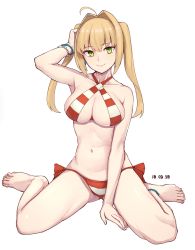 Rule 34 | 1girl, ahoge, bare arms, bare shoulders, barefoot, bikini, blonde hair, bracelet, closed mouth, collarbone, criss-cross halter, earrings, fate/grand order, fate (series), feet, green eyes, hair intakes, halterneck, jewelry, long hair, michihasu, navel, nero claudius (fate), nero claudius (fate) (all), nero claudius (swimsuit caster) (fate), red bikini, red ribbon, ribbon, side-tie bikini bottom, simple background, smile, solo, stomach, striped bikini, striped clothes, swimsuit, tsurime, twintails, white background