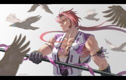 Rule 34 | 1boy, arm strap, bandaged torso, bandages, bara, biceps, bird, commentary request, gloves, highres, holding, holding polearm, holding weapon, japanese clothes, long sideburns, looking at viewer, male focus, muscular, muscular male, obonbom, orange eyes, pectoral cleavage, pectorals, polearm, ponytail, red hair, sideburns, smile, tonbokiri, tonbokiri (touken ranbu), touken ranbu, twitter username, weapon, white background
